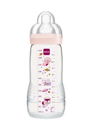 MAM Easy Active Μπιμπερό 330ml Ροζ με Θηλή Σιλικόνης και Σχέδιο Γατούλες Αστροναύτες – Από 4 Μηνών